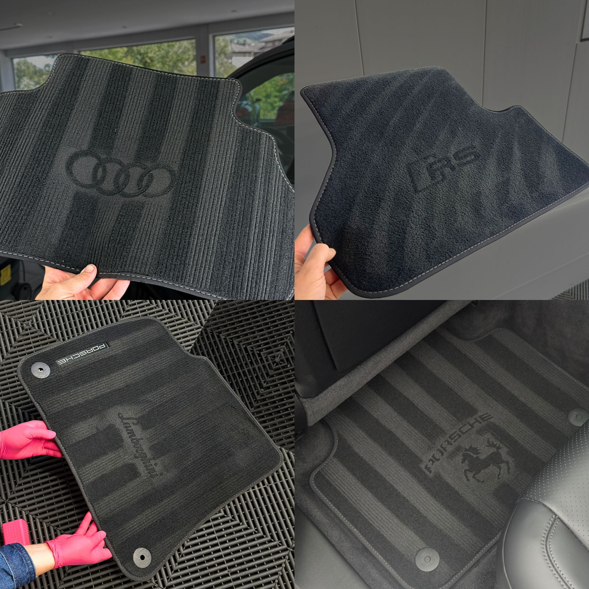 audi Lamborghini porsche and rs logo made with stencils engraved on  the car floor mats 