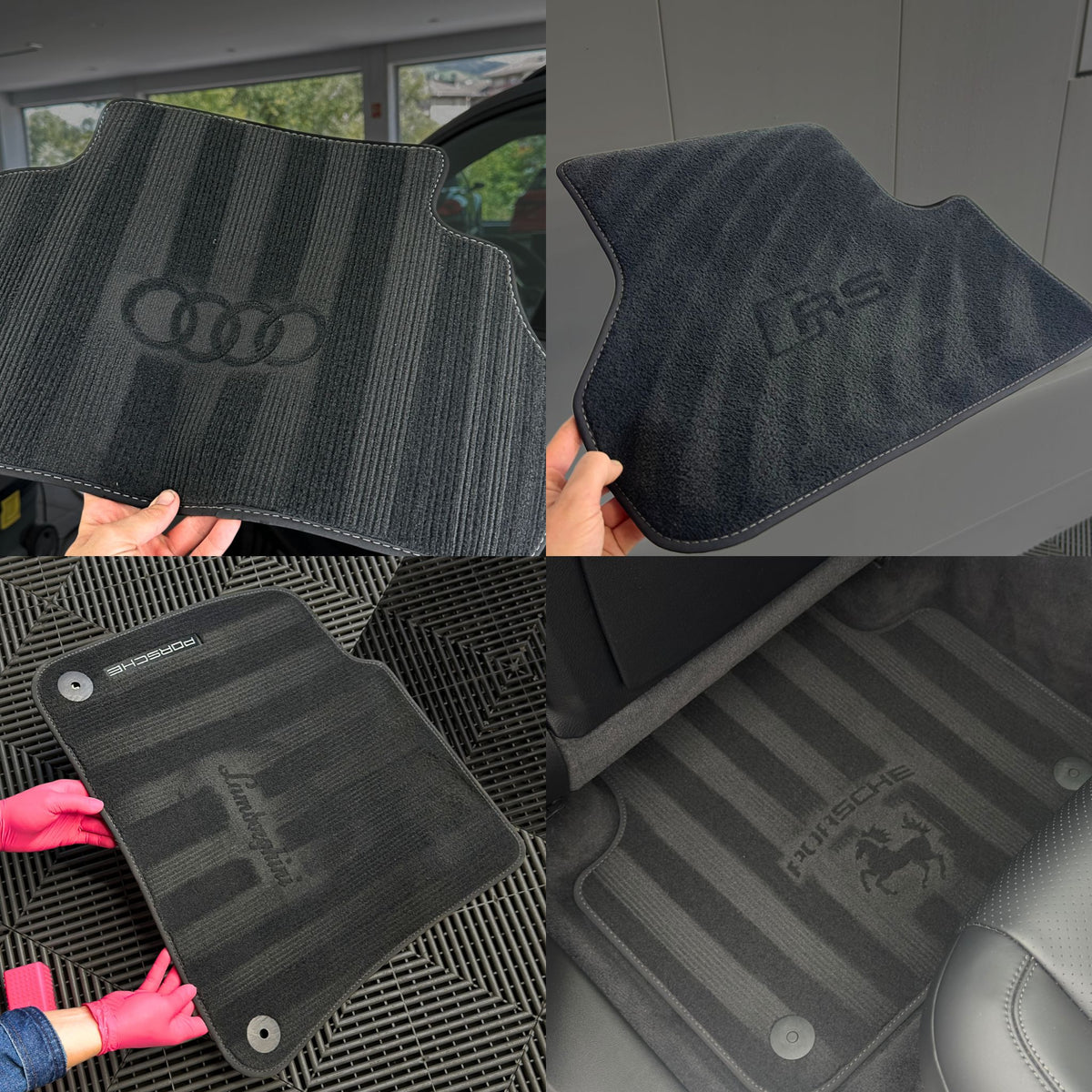 audi Lamborghini porsche and rs logo made with stencils engraved on  the car floor mats 